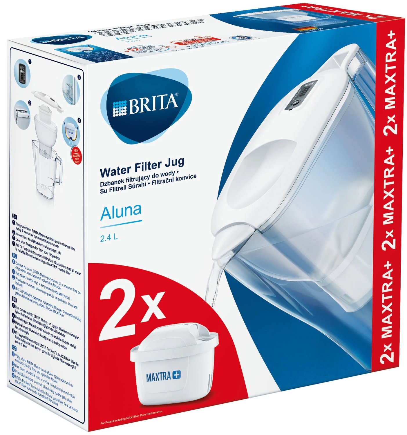 Brita Carafes - Set de carafe filtrante Aluna Cool Memo et 2 filtres MX +,  volume 2400 ml, blanc 1039268